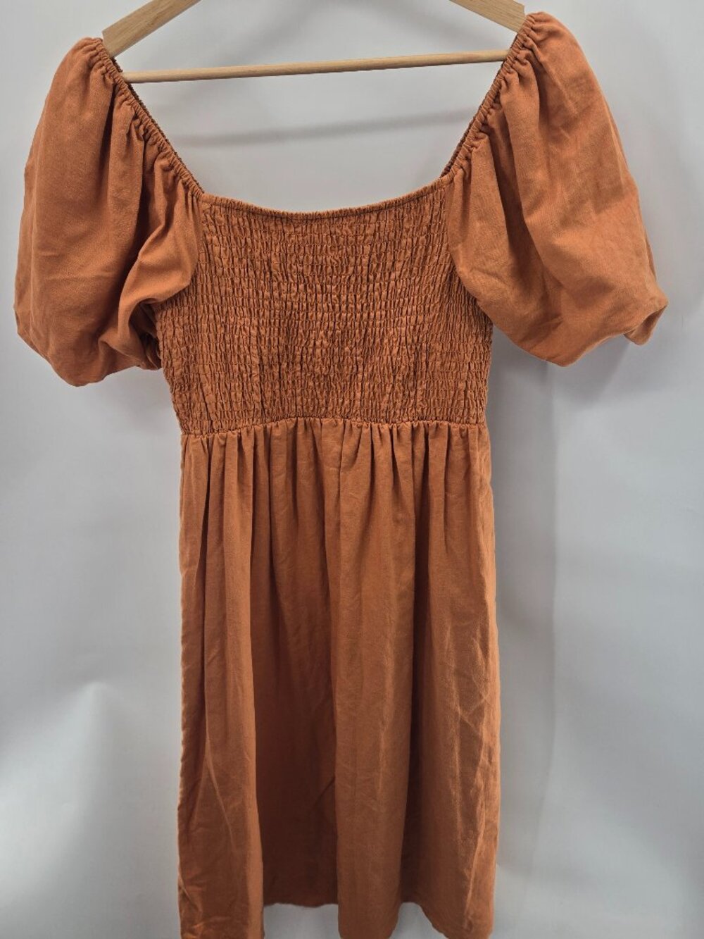 Avec Les Filles Rust Terracotta Smocked Linen Puff Sleeve Midi Dress Small